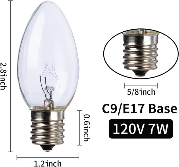 Joiedomi 25-Pack C9 Light Bulb - Replacement Light Bulbs for Christmas String Light Outdoor, Indoor, Lawn, Tree, Panel Decor, E17 Candelabra Base, Longer Life 120V 7W