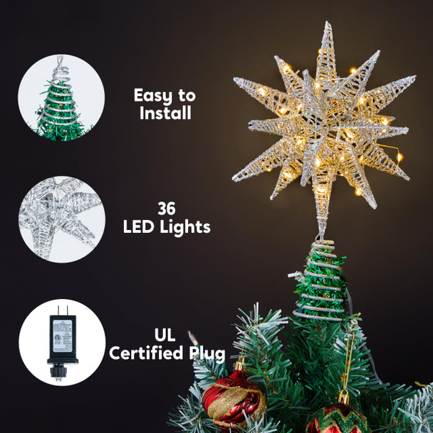 JOIEDOMI 11in Metal 3D Glitter Star Christmas Tree Topper Silver Tree Topper, 36LED Warm White with Plug Timer Star Tree Topper Ornaments Christmas Tree Decorations Home Holiday Party Indoor Decor