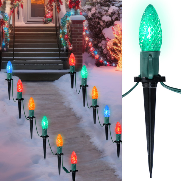 Joiedomi 30.75FT C9 Christmas Pathway Lights, 24 LED Strawberry Stake Lights, Multicolor Outdoor Faceted Walkway Lights with Marker Stakes Connectable for Holiday Christmas Yard Garden Lawn