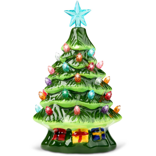 Joiedomi 7" Ceramic Christmas Tree with Box, Mini Prelit Tabletop Christmas Tree with Multicolored Bulbs for Best Desk Decoration