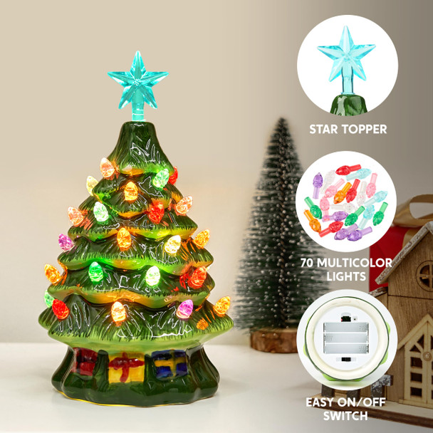 Joiedomi 7" Ceramic Christmas Tree with Box, Mini Prelit Tabletop Christmas Tree with Multicolored Bulbs for Best Desk Decoration