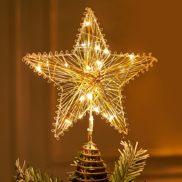 Joiedomi Christmas Tree Toppers, Gold Metal Star Tree Topper, Battery Powered Treetop Ornaments Hollow Star Lighted with Warm White LED Lights for Xmas Tree Decorations, Holiday Party Indoor Decor