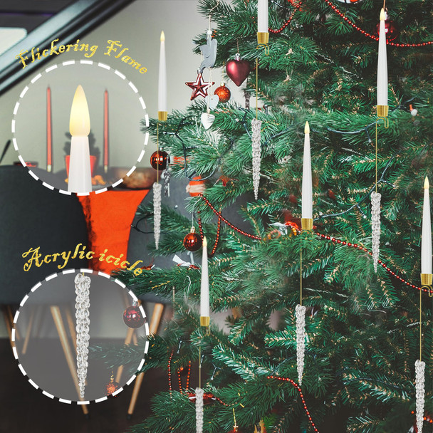 Christmas Tree Candles with Hooks & Remote - 12 Pack LED Flickering Flameless Candles with Timer for Christmas Tree Decor - Acrylic Icicles Hook