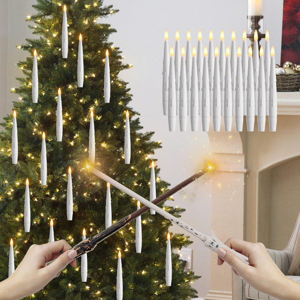 Christmas Tree Candles Battery Operated, 20 Pack Candles for Christmas Tree, Battery Powered Floating Candles with 2 Wand, Flameless Magic Hanging Taper Candles for Holiday Party Decor, White