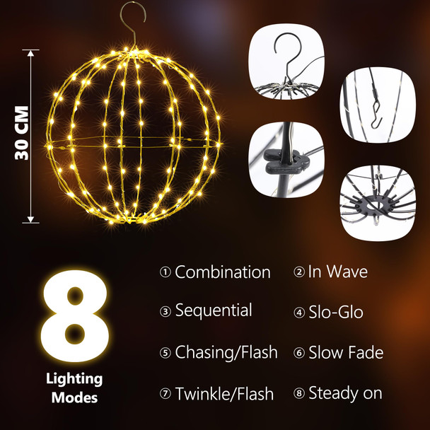 Joomer 2 Pack Christmas Solar Ball Lights, 12IN 120 LED Foldable Metal Sphere Lights Waterproof 8 Modes with Hook, Solar Powered Hanging Tree Globe Lights for Outdoor Christmas Decoration (Warm White)