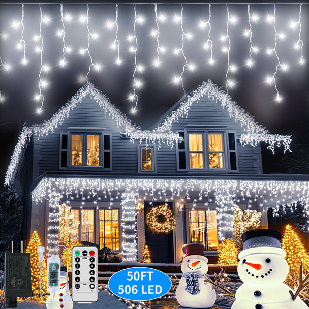 Icicle Christmas Lights 50+16Ft 506 LED Icicle Lights for Outside with 101 Drops 8 Modes Remote Dimmable Connectable Memory Timer Plug Icicle Lights Indoor Outdoor Xmas House Roof