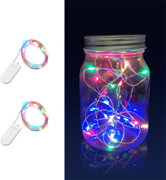 2 Pack Multi Color Led Fairy Lights Battery Operated String Lights Waterproof Silver Wire 7 Feet 20 Led Firefly Starry Moon Lights for DIY Wedding Party Bedroom Patio Christmas