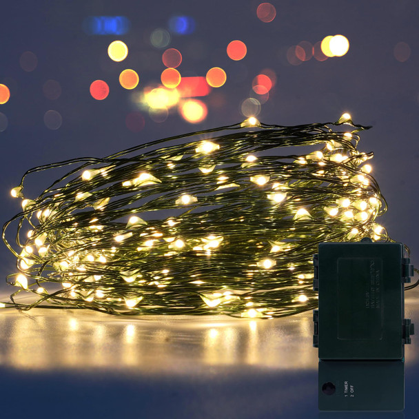 Timer Battery Twinkle Mini Fairy Lights, 1 Pack 200 LED 33ft Dark Green Wire,Firefly Starry LED String Lights Warm White for Wedding Party Christmas Tree Decorations Bedroom Decor