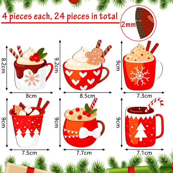 24 Pcs Christmas Hanging Hot Cocoa Ornaments 3.5 Inches Wooden Xmas Hot Cocoa Snowflake Wood Hot Cocoa for Christmas Tree Hanging Christmas Party Decorations Indoor Holiday Xmas, 6 Styles (Hot Cocoa)