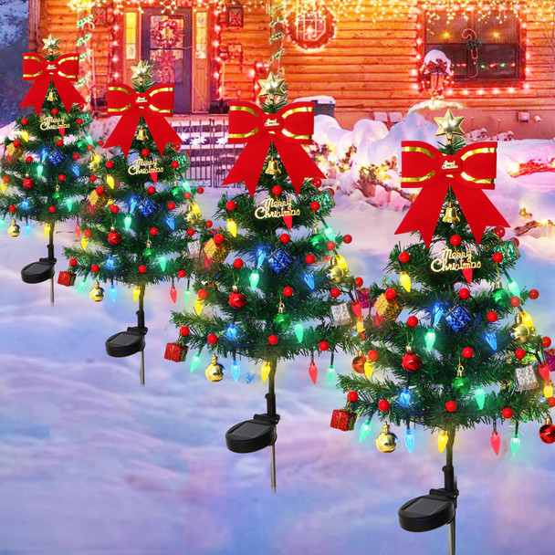KHOYIME 4 Pack Solar Christmas Tree Outdoor Waterproof Stake Lights with 80 LED Lights 136 DIY Xmas Ornaments 2 Flashing Modes, Solar Powered Prelit Holiday Decorations for Garden Pathway Yard Patio
