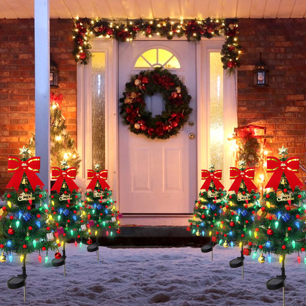 KHOYIME 4 Pack Solar Christmas Tree Outdoor Waterproof Stake Lights with 80 LED Lights 136 DIY Xmas Ornaments 2 Flashing Modes, Solar Powered Prelit Holiday Decorations for Garden Pathway Yard Patio