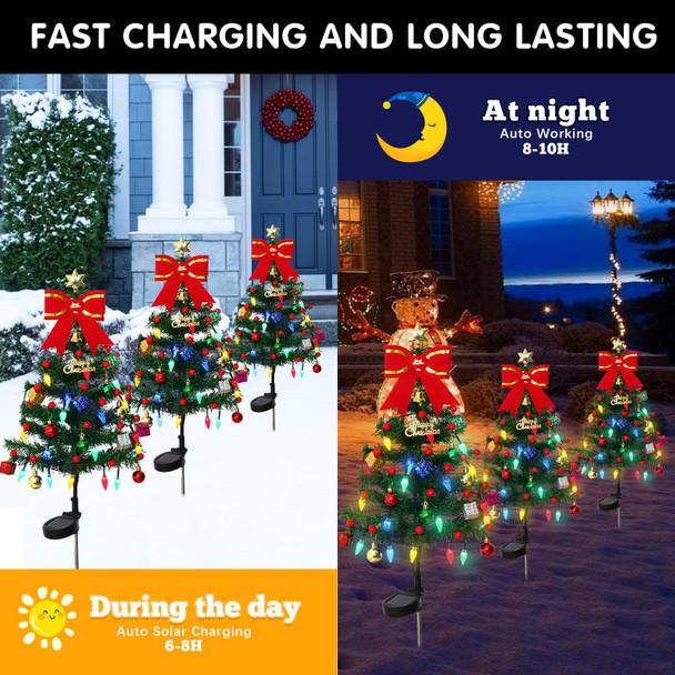 KHOYIME 4 Pack Solar Christmas Tree Outdoor Waterproof Stake Lights with 80 LED Lights 136 DIY Xmas Ornaments 2 Flashing Modes, Solar Powered Prelit Holiday Decorations for Garden Pathway Yard Patio