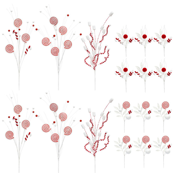 KI Store Red and White Christmas Tree Spray Set of 18 Candy Lollipop Tree Picks Christmas Tree Decorations for Xmas Tree Wreath Garland Decor