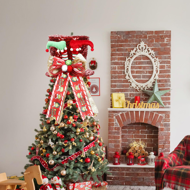 Large Christmas Tree Topper Hat - Red Hat with Elf Legs, Candy Christmas Tree Topper - Perfect for Holiday Decorations, Santa & Grinch Christmas Tree Topper (Red 5)
