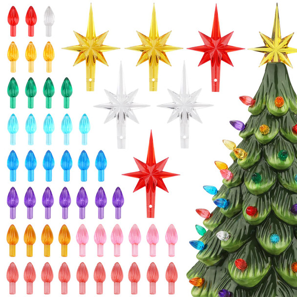 Ceramic Christmas Tree Replacement Light Bulbs Set, 150Pcs Multicolor Ceramic Christmas Tree Replacement Bulbs Medium Twist Light Ornaments and 3Pcs Topper Stars for Ceramic Christmas Tree