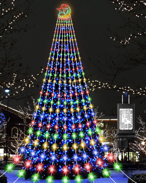 KISPATTI Outdoor Christmas Decoration Lights 23FT 655 LED with Star,Outdoor Christmas Tree Light Multi-Color Christmas Waterfall 8 Modes String Lights s for Yard Patio Holiday Xmas Decorations