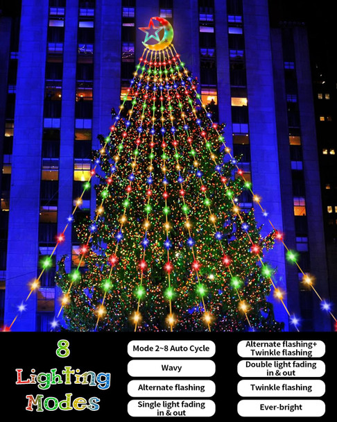 KISPATTI Outdoor Christmas Decoration Lights 23FT 655 LED with Star,Outdoor Christmas Tree Light Multi-Color Christmas Waterfall 8 Modes String Lights s for Yard Patio Holiday Xmas Decorations