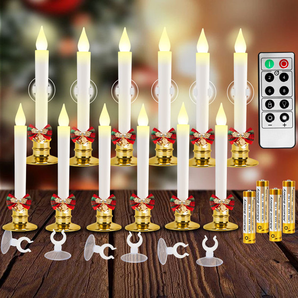 Flameless Candles-Window Candles-LED Battery Operated Candles with 24 AAA Batteries,10-Key Remote and Daily Timer,Window Suction Cups,Gold Removable Holders,Christmas Bow