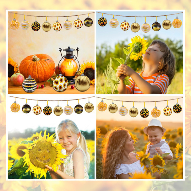 Sunflower Christmas Decorations, 12Packs Black and Yellow Sunflower Ornaments Christmas Tree Topper, Xmas Sequin Balls Thanks Giving Hanging Glitter Wedding Daisy Party Home Office Decor