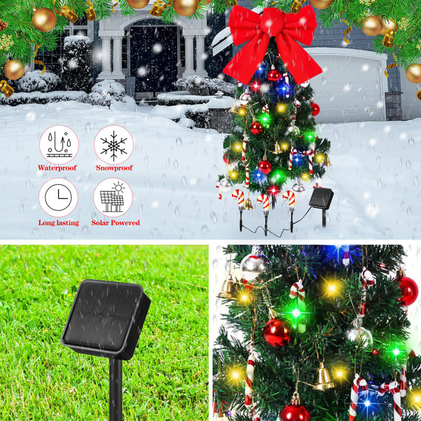 2 Pcs Solar Christmas Tree with Lights Outdoor Waterproof 31.5 Inch Solar Powered Xmas Tree Lights with 45 Leds and 8 Modes Bow Balls Bells Candy Bars Decor for Yard Garden Pathway Lawn Patio