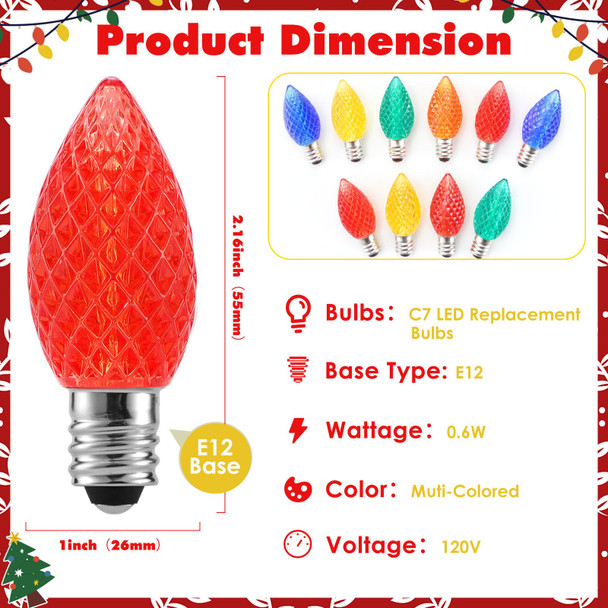 50 Pack C7 LED Christmas Replacement Bulbs,Multicolored Waterproof LED Bulbs, Shatterproof LED Bulbs for Outdoor Indoor Party Patio Garden Holiday Room Decoration, E12 Candelabra Base