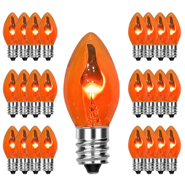 25 Pack Orange Flame Light Bulbs,C7 Mini Orange Lights Halloween Flickering Light Bulbs,1 Watt 120V E12 Base for Outdoor Use,Pendants, Wall Sconces,Christmas Light String