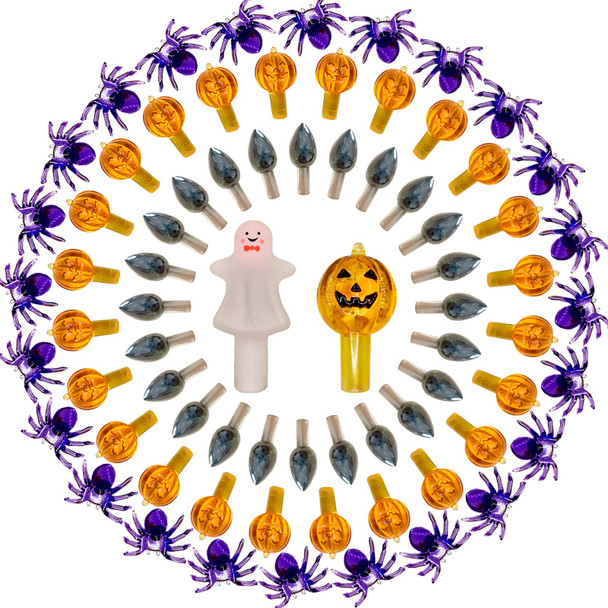117pcs Halloween Ceramic Tree Replacement Lights Bulbs, Including Spider/Pumpkin Head/Grey Flame & 2pcs Themed Tree Tops (Including Ghost/Pumpkin King) for Decorating Holiday Trees, Etc.