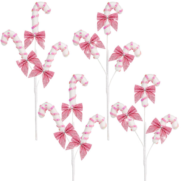 4Pcs Glitter Sequins Candy Cane Sprays with Bows Ornaments Christmas Tree Decorations Picks Striped Stems for Xmas Tree Topper Vase Fillers DIY Crafts Home Party Supplies 14 Inch Long (Pink & White)