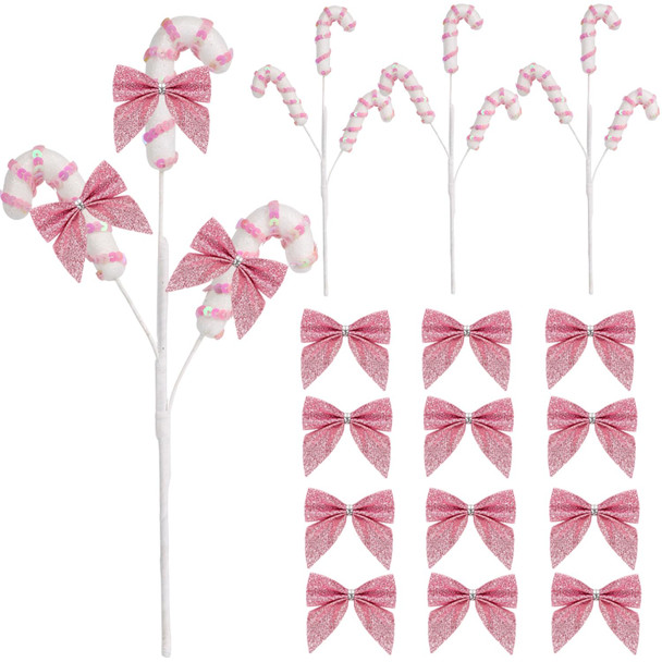 4Pcs Glitter Sequins Candy Cane Sprays with Bows Ornaments Christmas Tree Decorations Picks Striped Stems for Xmas Tree Topper Vase Fillers DIY Crafts Home Party Supplies 14 Inch Long (Pink & White)