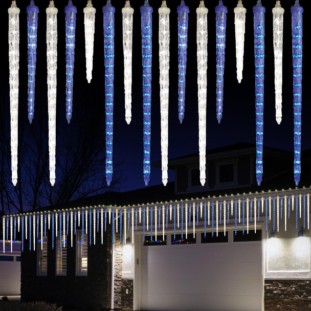 Meteor Shower Lights, 16.5" Outdoor Icicle Christmas Lights 10 Icicles 242 SMD LED Crystal Ice Falling Lights, Connectable Raindrop Icicle Light, Xmas Winter Party Tree Decor, Blue and White