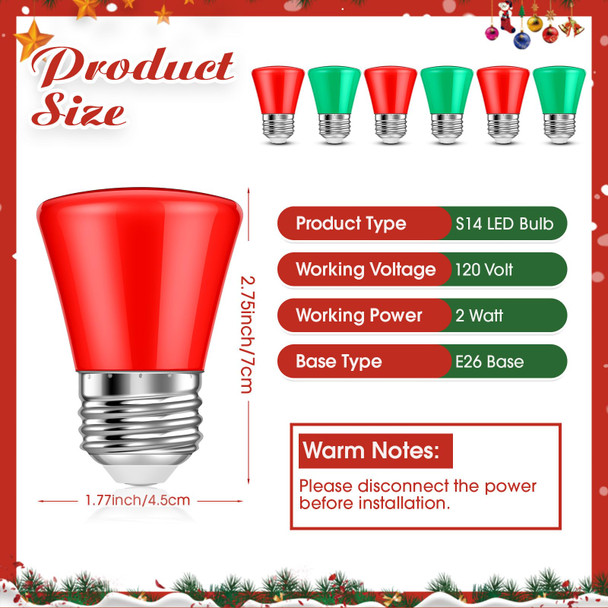 50 Pcs Christmas 2W LED Light Bulbs Replacement Bulbs for Outdoor String Lights E26 Base Plastic Waterproof S14 LED Bulb for Wedding Halloween Patio Party Bar Mood Decor (Red, Green)
