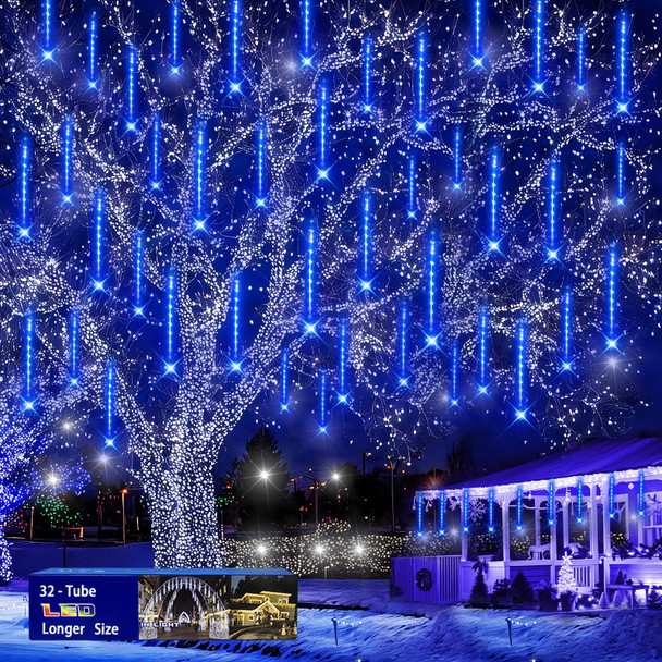 Christmas Lights Outdoors：32 Tubes(Equivalent to 4 Sets of 8-Tubes) Meteor Shower Rain Lights - Blue lcicle Christmas Lights Outdoor for Xmas Tree Wedding Party Holiday House Yard Decor, UL Plug