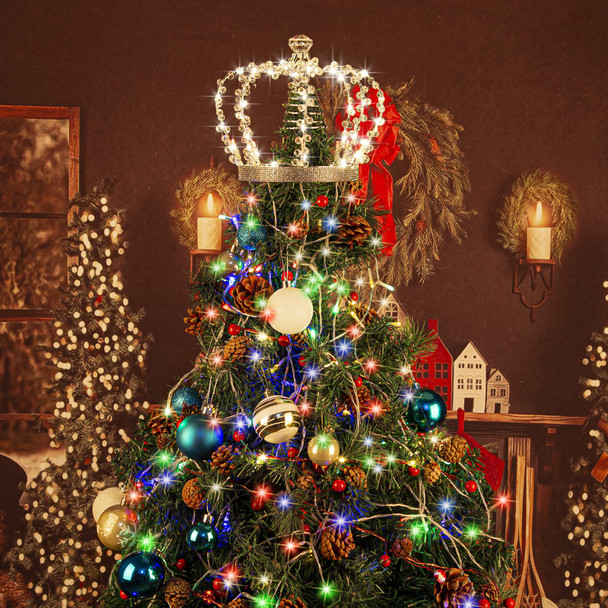 Christmas Tree Lights Decoration, 8.2FT Waterfall Fairy String Lights with Crown Tree Topper, 156 Multicolor LED USB & 8 Modes & Remote Indoor Outdoor Decor for Xmas Tree Bedroom Yard (Timer, Dimmer)