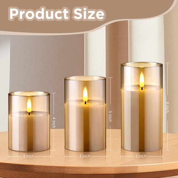 Lecone Glass Flameless Candles, Battery Operated Flameless Candles with Remote Control and Timer, Real Wax Candles LED Flickering Light for Festival Wedding Home Party Christmas Decor(Pack of 3)-Gold