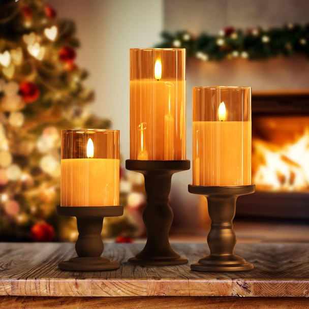 Lecone Glass Flameless Candles, Battery Operated Flameless Candles with Remote Control and Timer, Real Wax Candles LED Flickering Light for Festival Wedding Home Party Christmas Decor(Pack of 3)-Gold