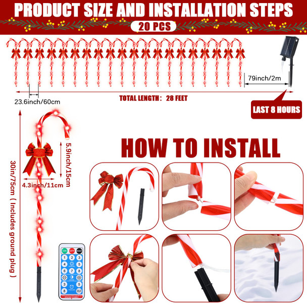 Leinuosen 20 Pcs 30" Solar Christmas Candy Cane Lights Pathway Walkway Markers Light with Red Bow Waterproof Garden String Light Dec with 200 LED Light Xmas Patio Yard Lawn Holiday (20,Vintage)