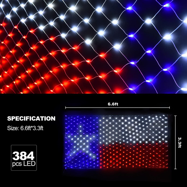 Leisure world LED Texas Flag Net Lights Outdoor, 384 LED American Flag Lights Texas Decor, 3.3 x 6.6 FT Patriotic Outdoor Lights, 8 Modes Texas Led Flag Lights for 4th of July, Christmas Decorations