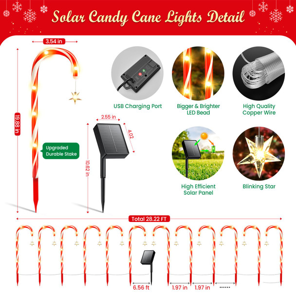 24 Pack Christmas Decorations Outdoor Solar Candy Cane Lights, LETMY Solar & USB Rechargeable Solar Christmas Pathway Lights, 144 LED 10 Modes Waterproof Outdoor Christmas Decorations for Yard Pathway