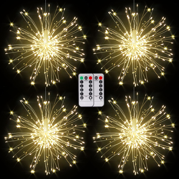 LetsFunny Fairy Lights Christmas Lights, LED DIY 8 Modes Dimmable Lights, Christmas Decorative Hanging Bursting Star Lights for Ceiling, Patio, Indoor Outdoor Decoration (120-Warmlight, 4 Pack)