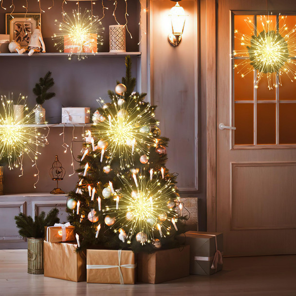 LetsFunny Fairy Lights Christmas Lights, LED DIY 8 Modes Dimmable Lights, Christmas Decorative Hanging Bursting Star Lights for Ceiling, Patio, Indoor Outdoor Decoration (120-Warmlight, 4 Pack)