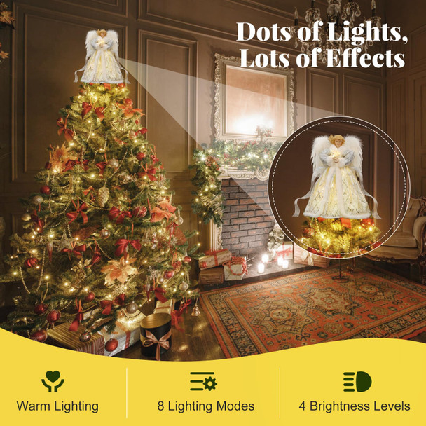 Lewondr Christmas Tree Topper Angel, 12'' Angel Tree Topper with 8 Lights, Remote & USB Operated Angel Treetop Figurine with Wings, 6H Timer Xmas Tree Decor for Holiday Home Ornament, Silver