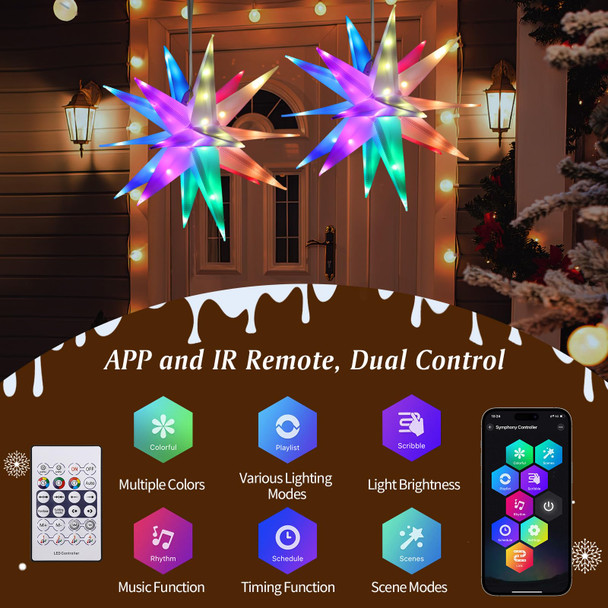 Lewondr 17.7" 2 Pack Moravian Star Outdoor Lights,Multicolor 3D Hanging Star Light with Smart APP Remote Control & Timer,USB Powered Moravian Star Tree Topper Christmas Decor for Holiday Party Porch