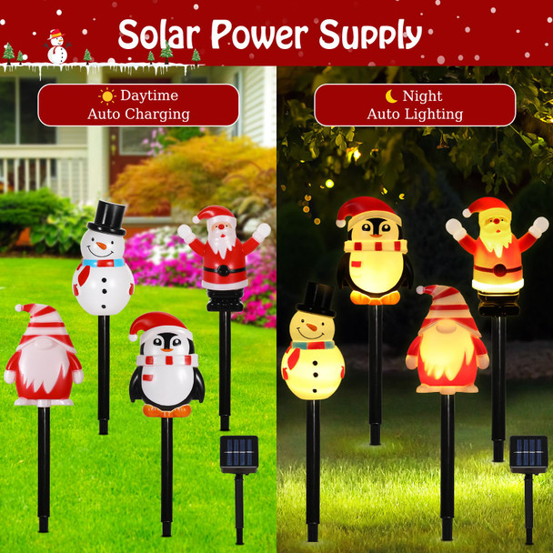 Lewondr 4 Pack Christmas Decorations Outside,Solar Lighted Santa Claus,Snowman,Gnome,Penguin with Garden Stakes,Waterproof Garden Lawn Pathway with 2 Lighting Modes,Yard Decor for Xmas Party,Holiday