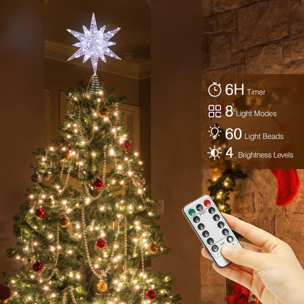 Lewondr Christmas Star Tree Topper, USB Powered Remote Controlled 11 Inch Multilayer Hexagonal Tree Toppers Christmas Decor with 8 Light Modes for Home Holiday Xmas, Timer Function, Silver
