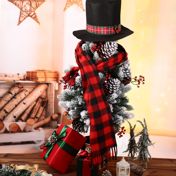 Liitrsh 2 Pcs Christmas Tree Topper Snowman Hat Black Red Plaid Scarf Tree Topper Decorations Snowman Top Hat with Plaid and Mistletoe Holly and Berry for Christmas Tree Decorations Supplies