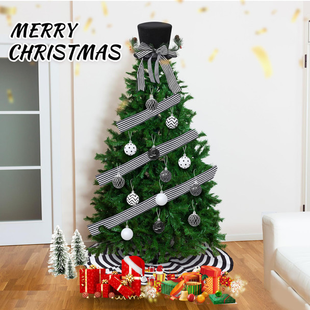 Liliful 33 Pcs Christmas Tree Decoration Set Striped Christmas Tree Skirt Christmas Tree Topper Hat with Bows White and Black Christmas Balls Xmas Ribbons for Xmas Holiday Wedding Party Decorations