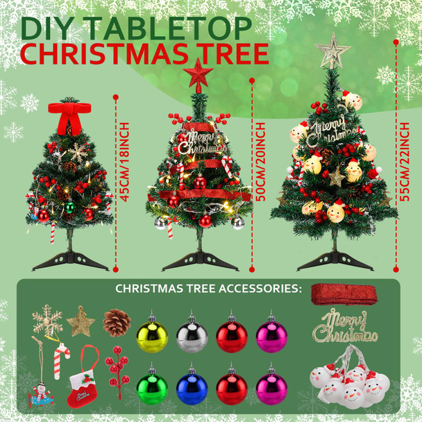 Liliful 3 Pcs Desktop Mini Christmas Tree Small Artificial Christmas Trees with LED Lights and Ornaments 18/20/ 22 Inch Tabletop Xmas Tree for DIY Christmas Decorations