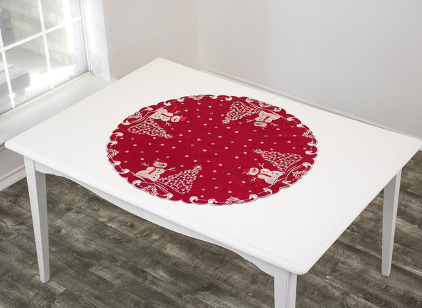 Beautifully Elegant Silver Star Topped Trees and Snowman on Red Linen Doily, Table Topper, Small Tablecloth, Table Centerpiece (34 Inch Round)
