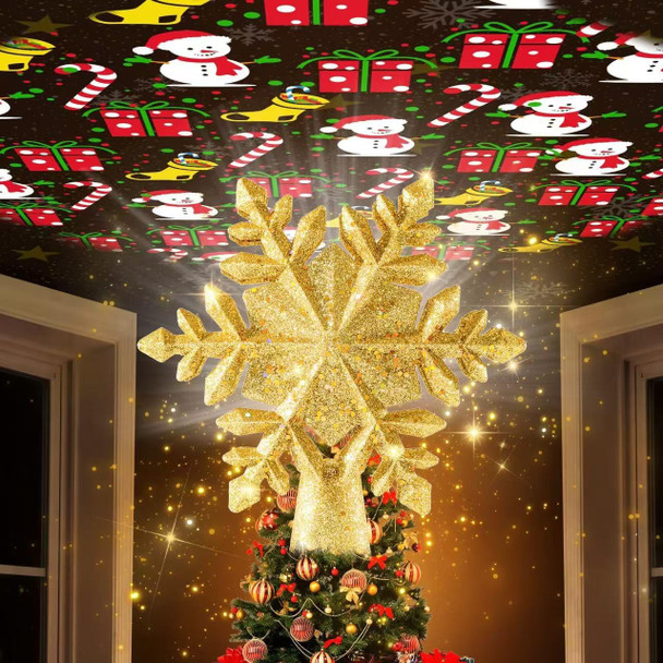 Christmas Tree Topper Lighted with 6 Type Projector,LED Rotating Christmas SnowflakeTree Topper Lights,3D Golden Glitter Snowflake Christmas Tree Decor for Xmas Home Decorations