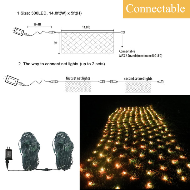 Christmas Net Lights Outdoor Mesh Lights, 14.8ft x 5ft 300 LED Warm White Net String Lights 8 Modes Connectable Fairy String Mesh Twinkling Christmas Lights for Bushes Tree Party Yard Garden Decor